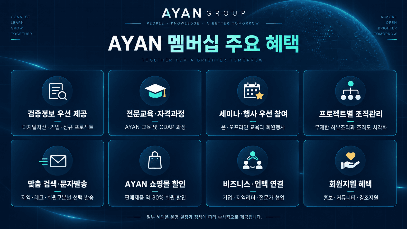 AYAN 멤버십 주요 혜택 — 검증정보 우선 제공, 전문교육과 자격과정, 세미나와 행사 우선 참여, 프로젝트별 조직관리, 맞춤 검색과 문자발송, AYAN 쇼핑몰 할인, 비즈니스와 인맥 연결, 회원지원 혜택